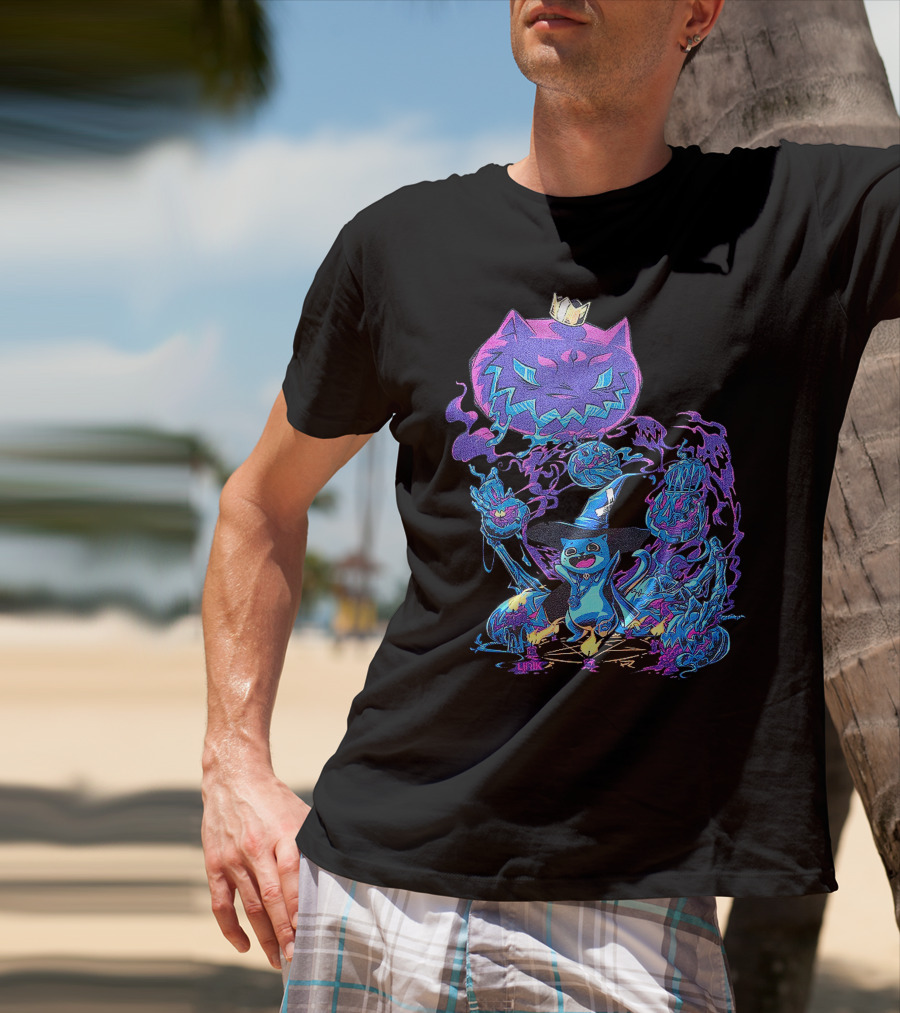 LIRIK HALLOWEEN Cat Wizard With Crown And Glowing Pumpkins T-Shirt