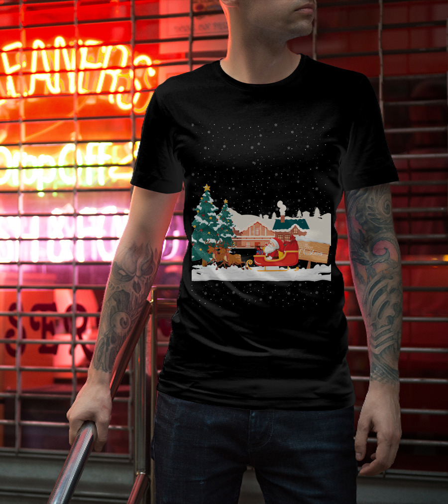 Merry Christmas Santa Claus Reindeer Sleigh Winter Scene T-Shirt