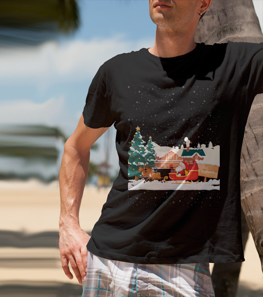 Merry Christmas Santa Claus Reindeer Sleigh Winter Scene T-Shirt
