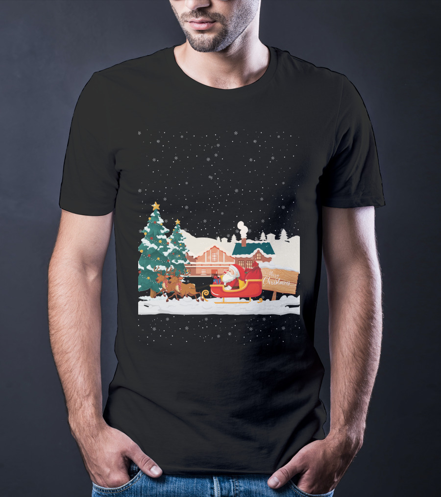Merry Christmas Santa Claus Reindeer Sleigh Winter Scene T-Shirt