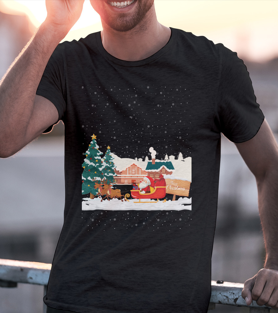 Merry Christmas Santa Claus Reindeer Sleigh Winter Scene T-Shirt