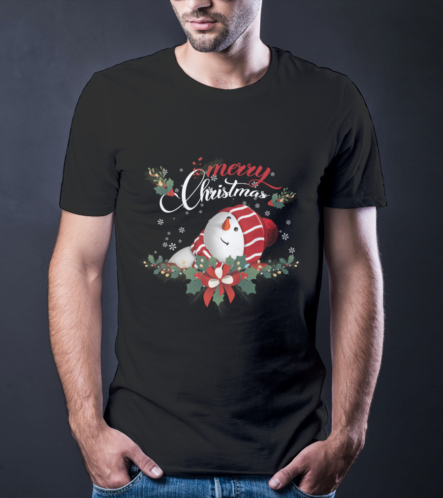 Merry Christmas Snowman With Holly And Snowflakes T-Shirt