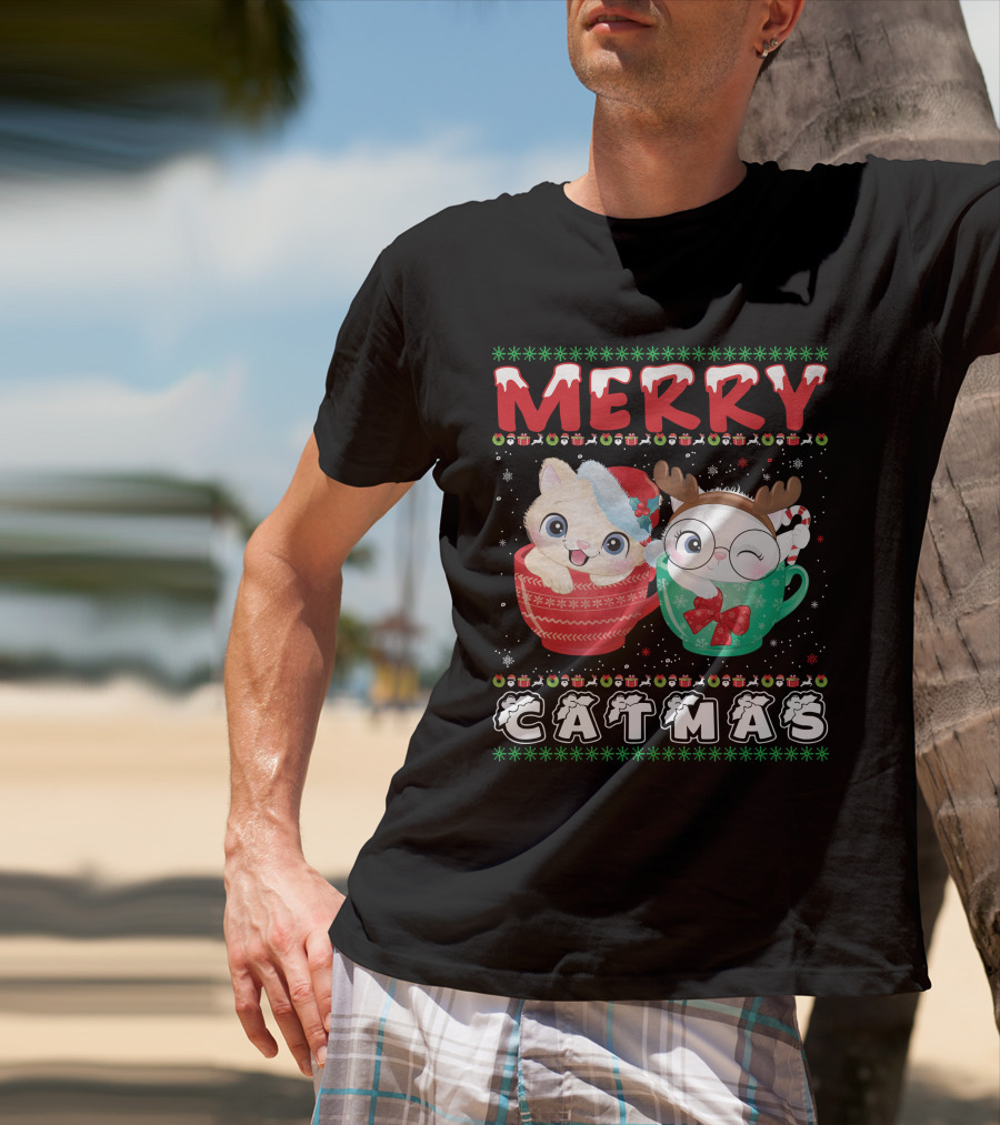 Merry Catmas With Festive Cats In Holiday Mugs T-Shirt