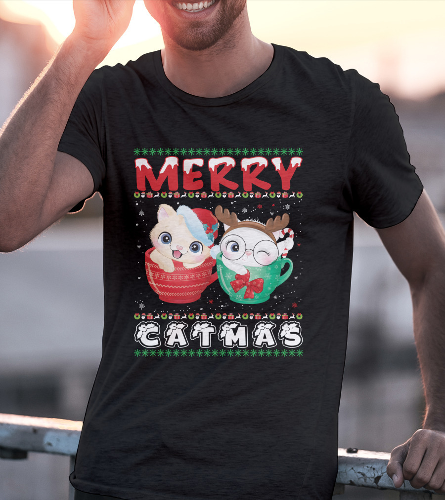Merry Catmas With Festive Cats In Holiday Mugs T-Shirt