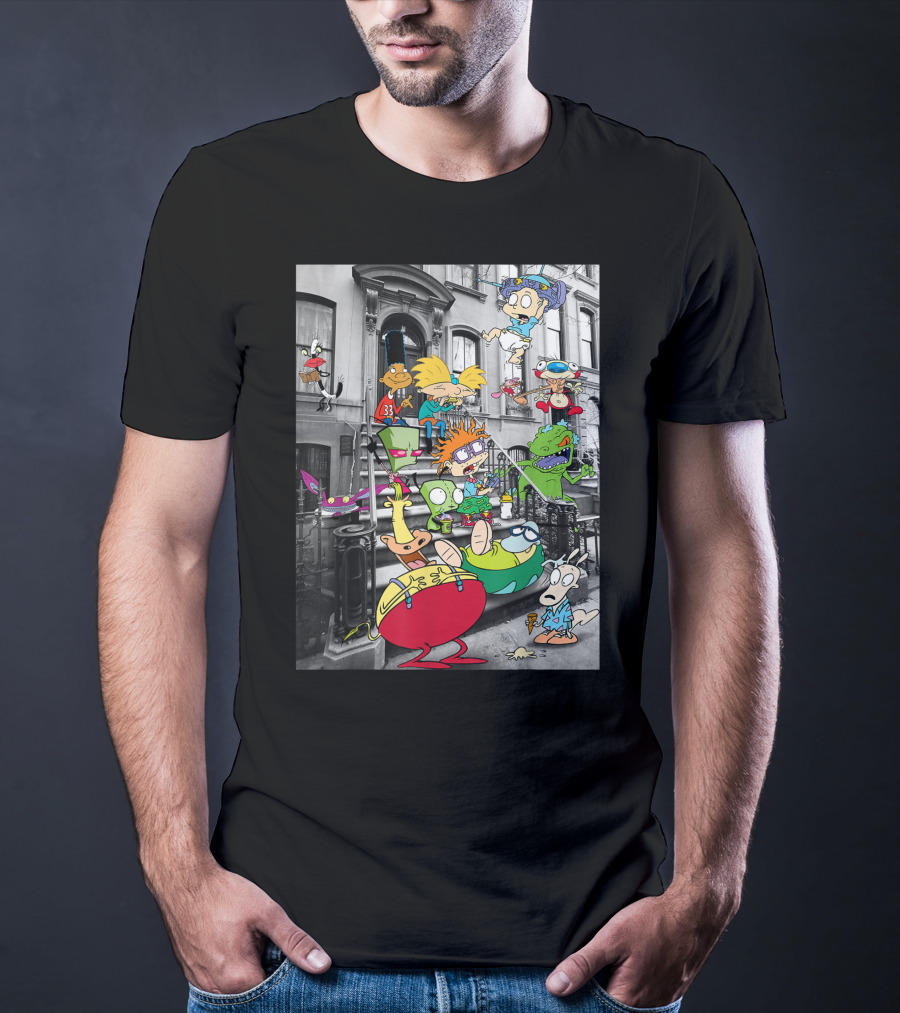 Classic Nicktoons Characters Sitting On Stoop Together In Black-and-White Background Scene T-Shirt
