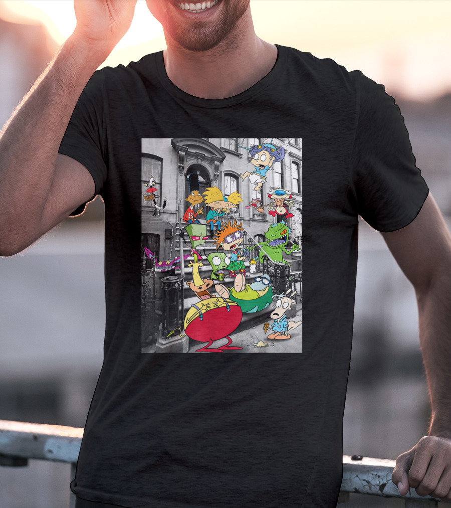 Classic Nicktoons Characters Sitting On Stoop Together In Black-and-White Background Scene T-Shirt