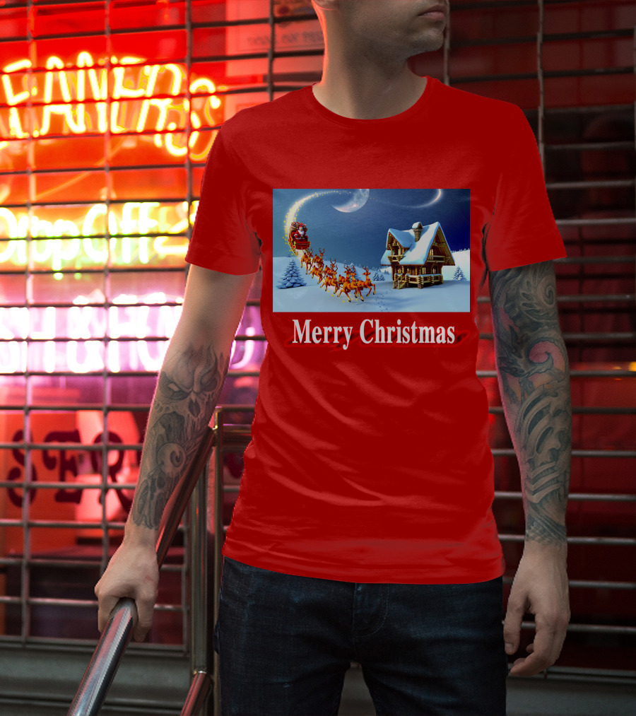 Merry Christmas Santa Sleigh Flying Over Snowy Cabin Scene T-Shirt