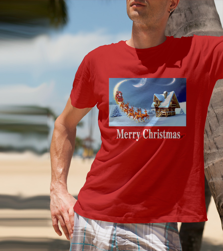 Merry Christmas Santa Sleigh Flying Over Snowy Cabin Scene T-Shirt