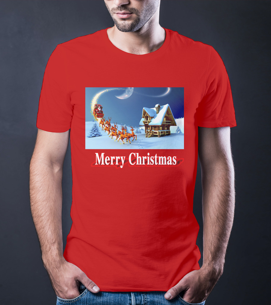 Merry Christmas Santa Sleigh Flying Over Snowy Cabin Scene T-Shirt