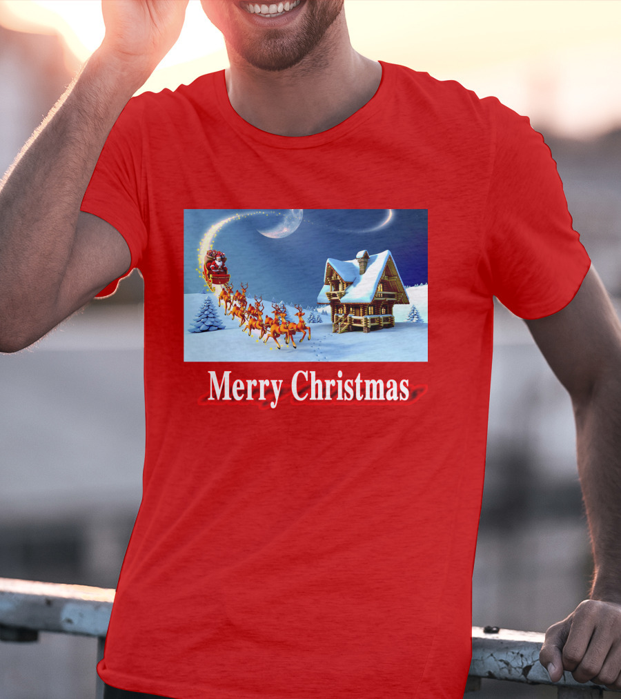 Merry Christmas Santa Sleigh Flying Over Snowy Cabin Scene T-Shirt