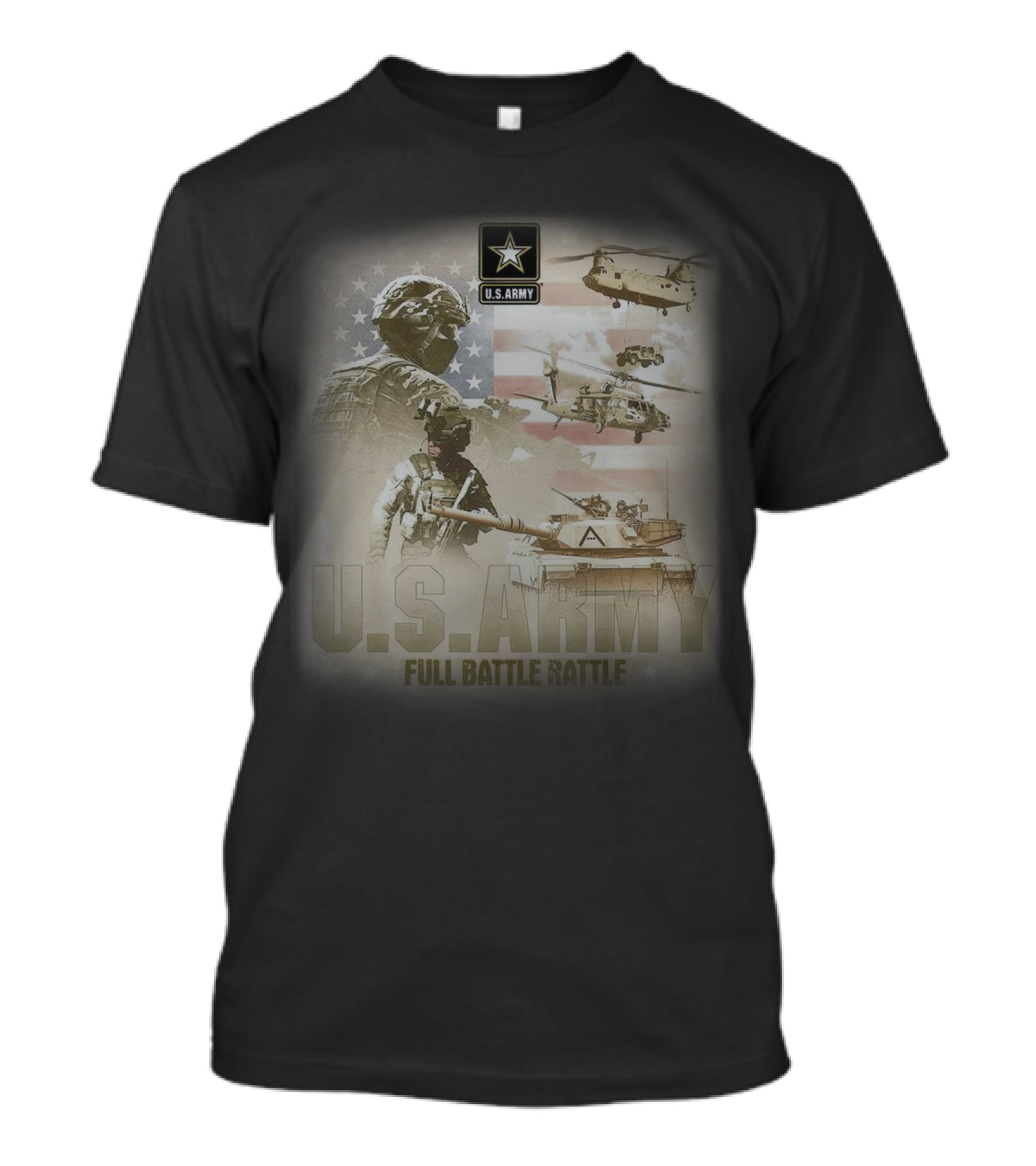 U.S. Army Full Battle Rattle Helicopters Tanks Flag T-Shirt