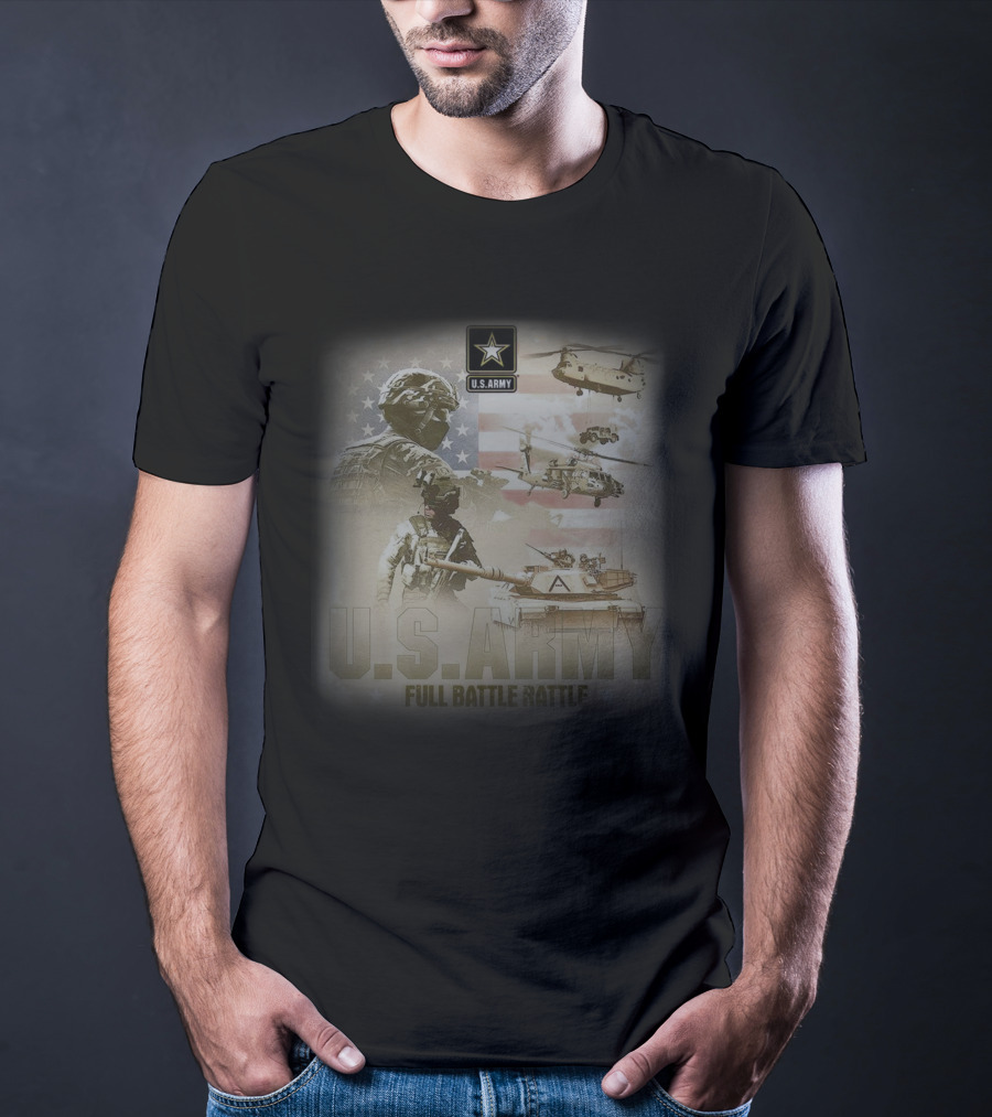 U.S. Army Full Battle Rattle Helicopters Tanks Flag T-Shirt