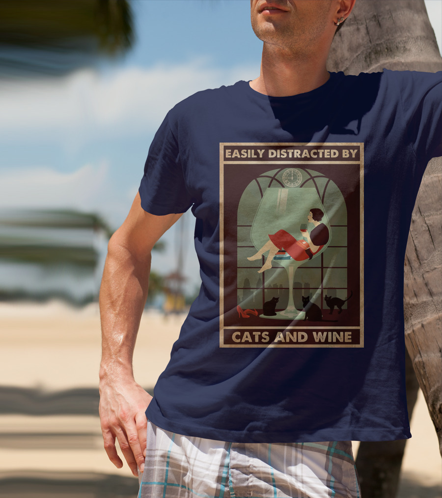 Easily Distracted By Cats And Wine Art Deco Woman In Glass With City Skyline And Cats T-Shirt