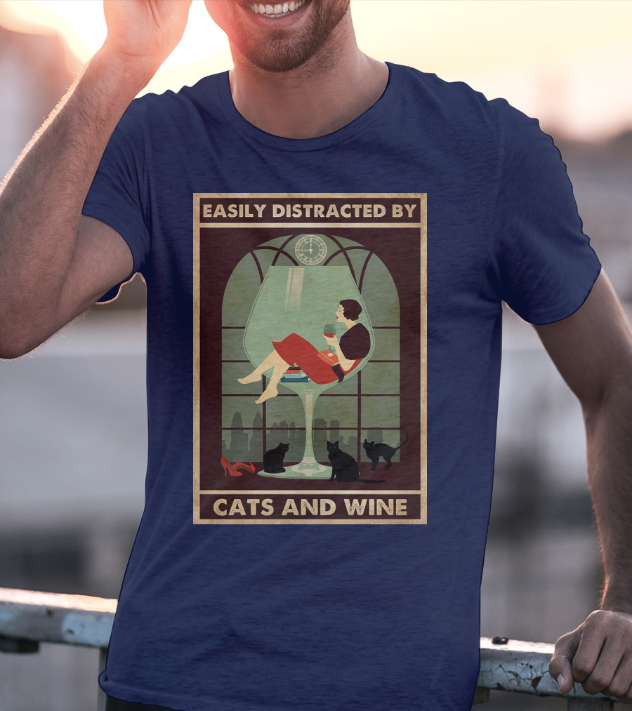 Easily Distracted By Cats And Wine Art Deco Woman In Glass With City Skyline And Cats T-Shirt
