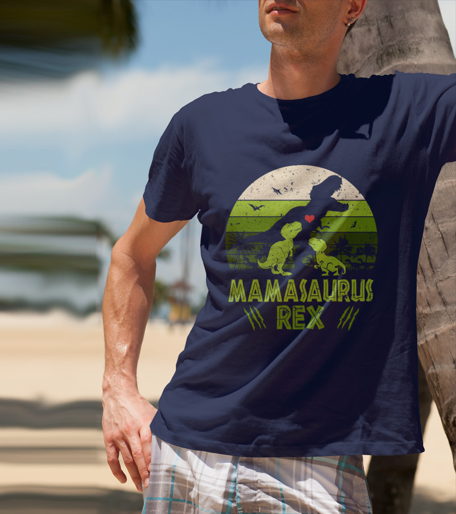 Kid Dinosaur Love For MamaSaurus Rex With Green Jungle Scene And Heart T-Shirt