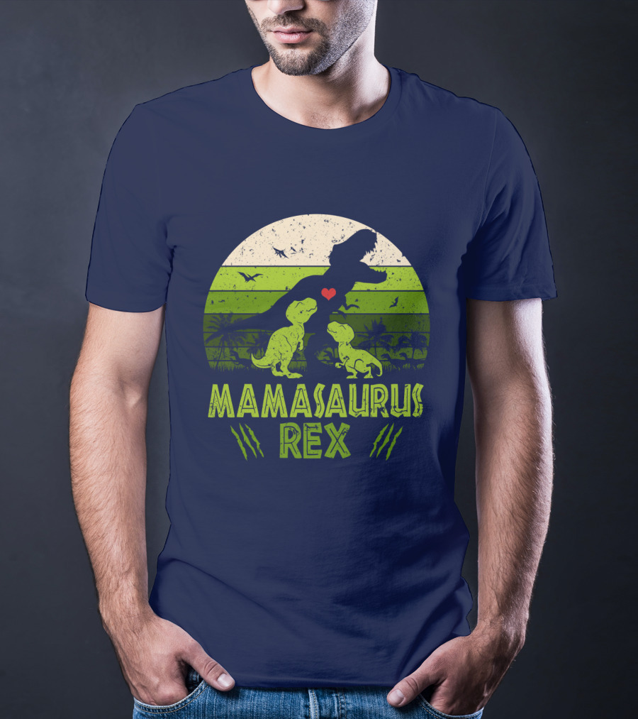 Kid Dinosaur Love For MamaSaurus Rex With Green Jungle Scene And Heart T-Shirt