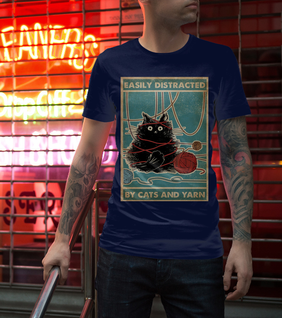 Easily Distracted Black Cat With Red Yarn And Balls Of Yarn T-Shirt