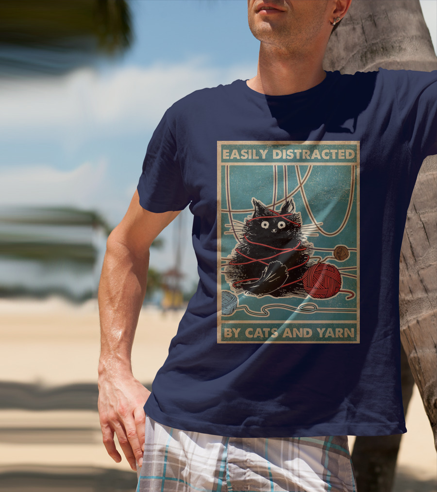 Easily Distracted Black Cat With Red Yarn And Balls Of Yarn T-Shirt