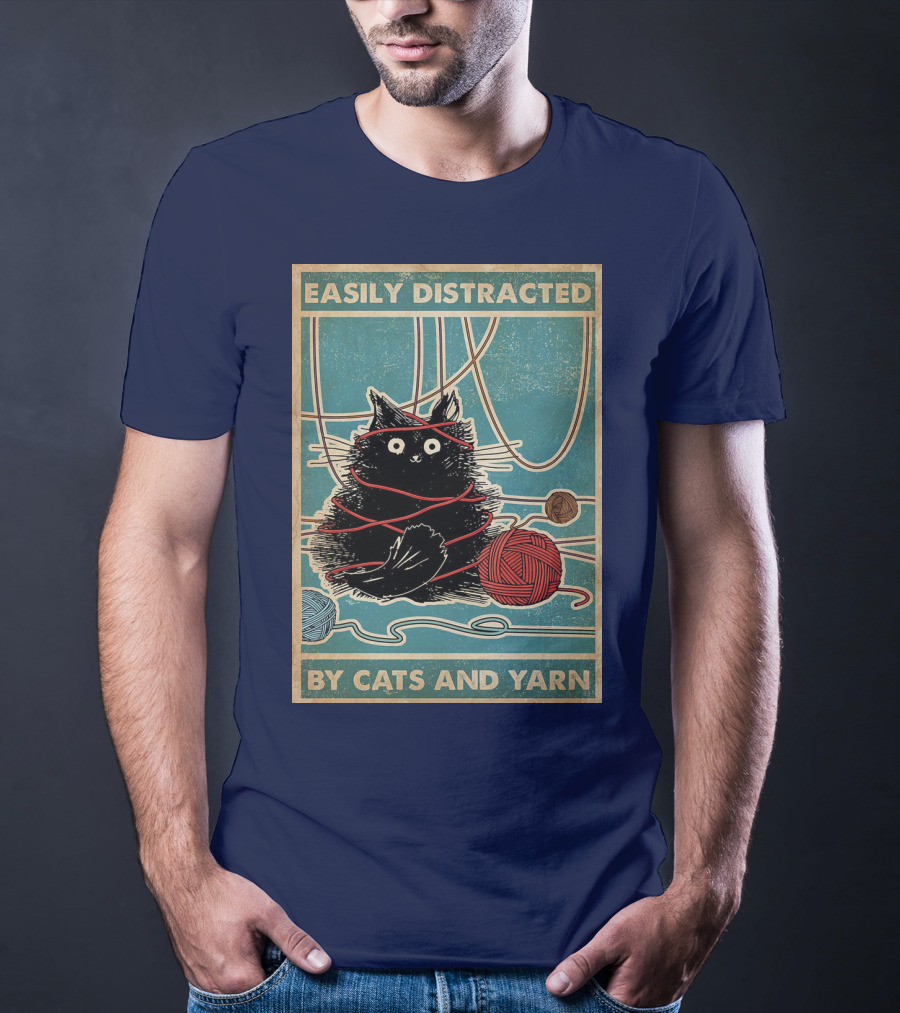 Easily Distracted Black Cat With Red Yarn And Balls Of Yarn T-Shirt