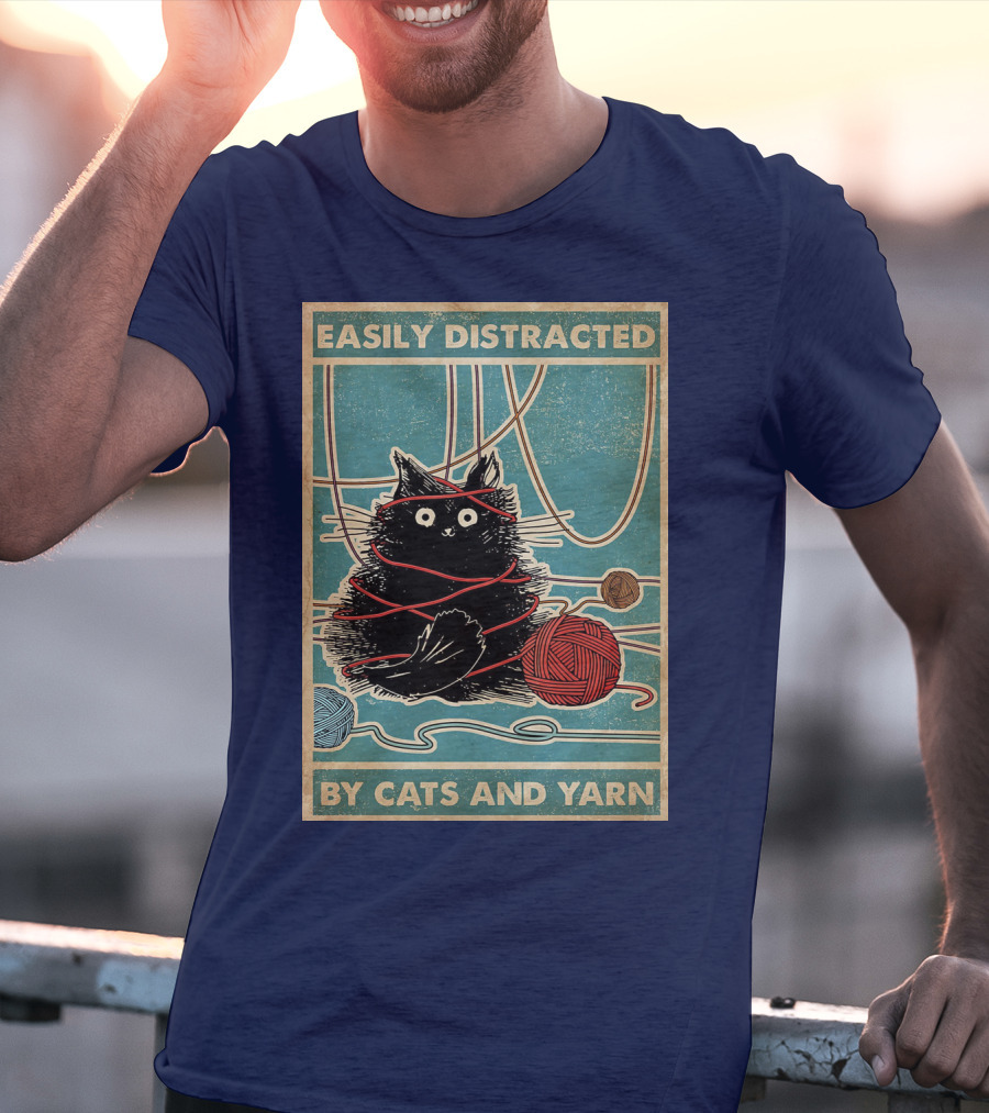 Easily Distracted Black Cat With Red Yarn And Balls Of Yarn T-Shirt