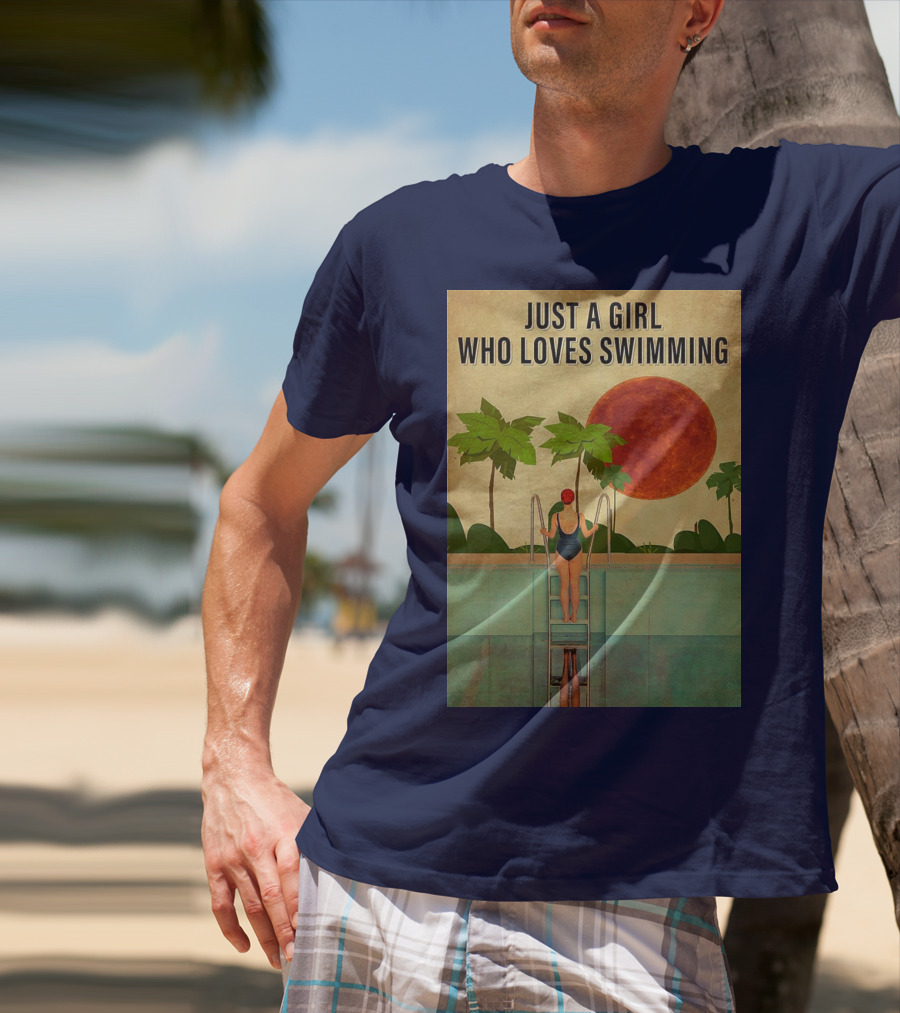 Just A Girl Who Loves Swimming With Palm Trees And Red Sun T-Shirt