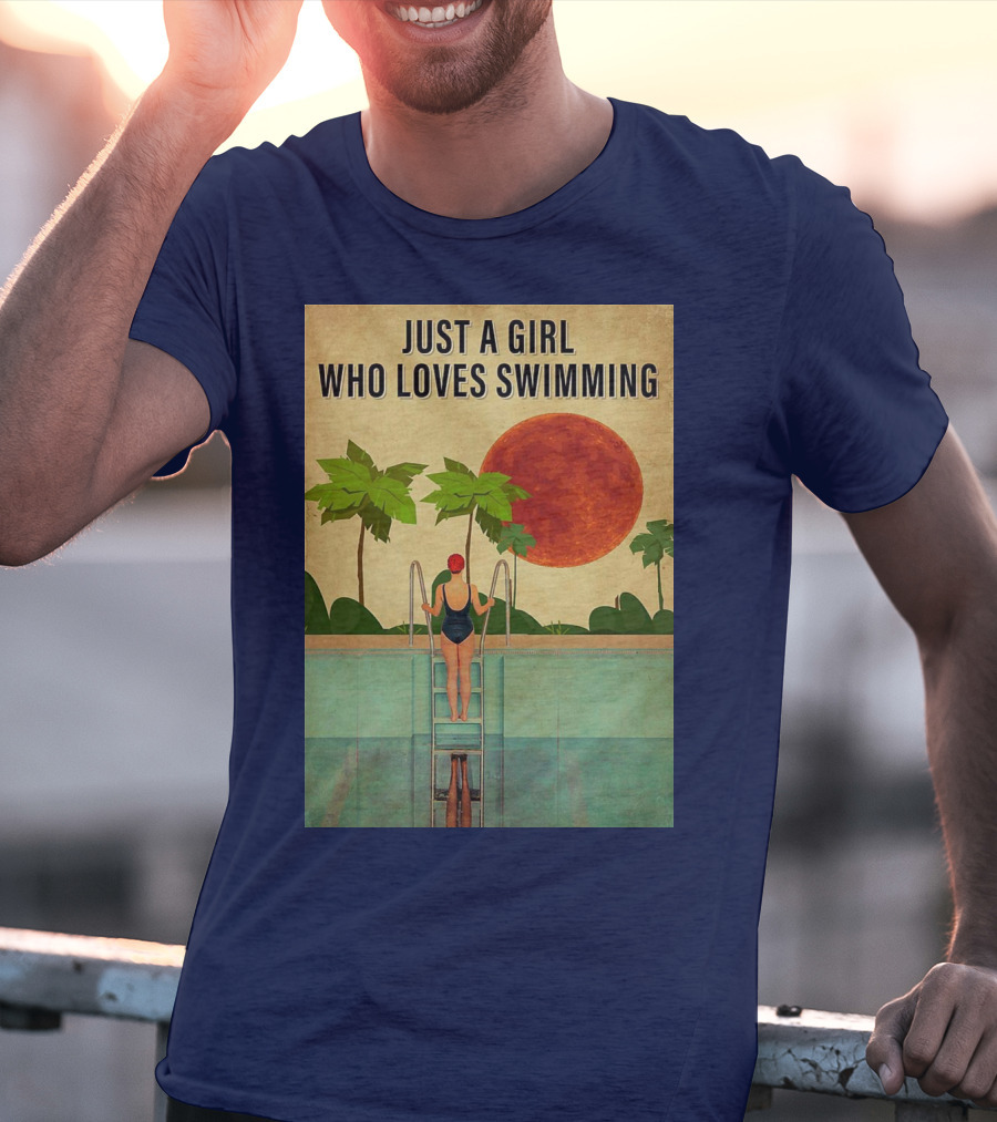 Just A Girl Who Loves Swimming With Palm Trees And Red Sun T-Shirt