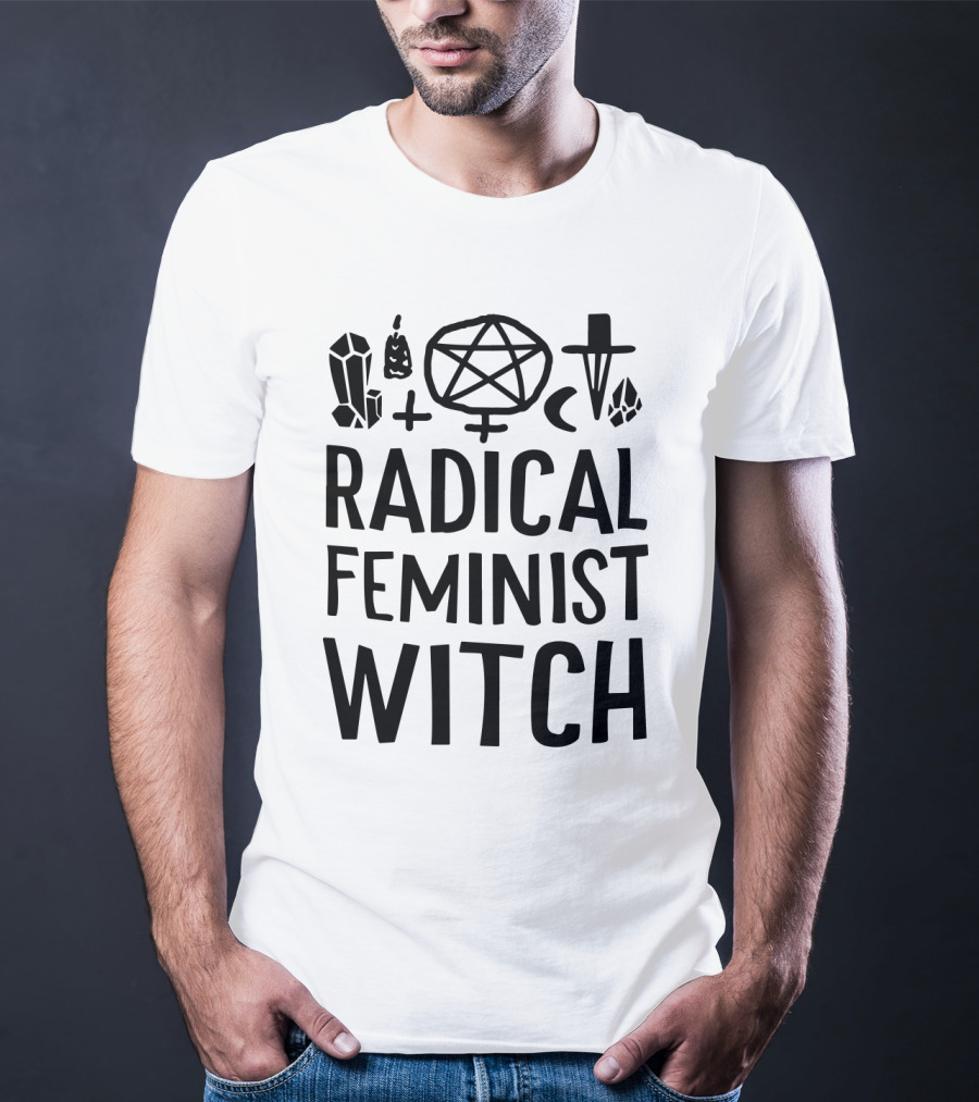 Radical Feminist Witch Magic Symbols Pentagram Crystal Moon Cross T-Shirt