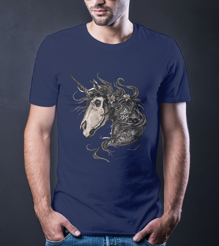 Floral Skull Unicorn Head With Flowers And Dark Mane T-Shirt