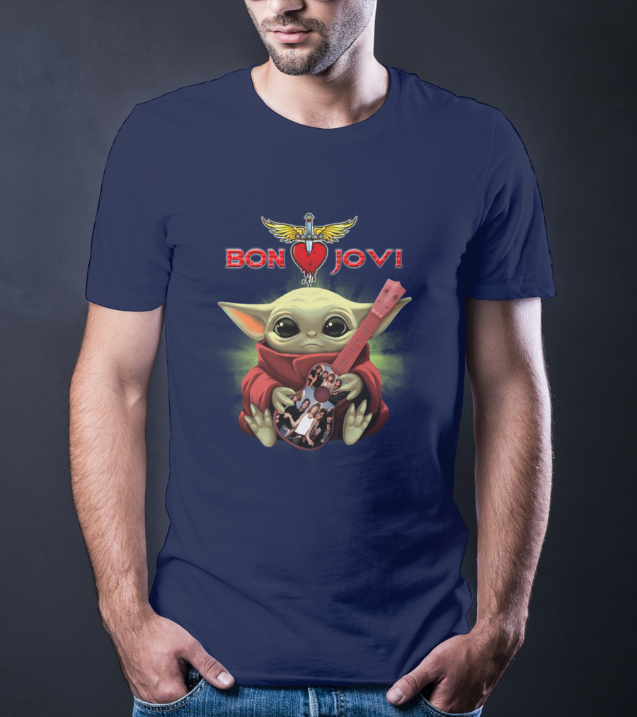 Baby Yoda Holding Guitar With Bon Jovi Heart Dagger T-Shirt