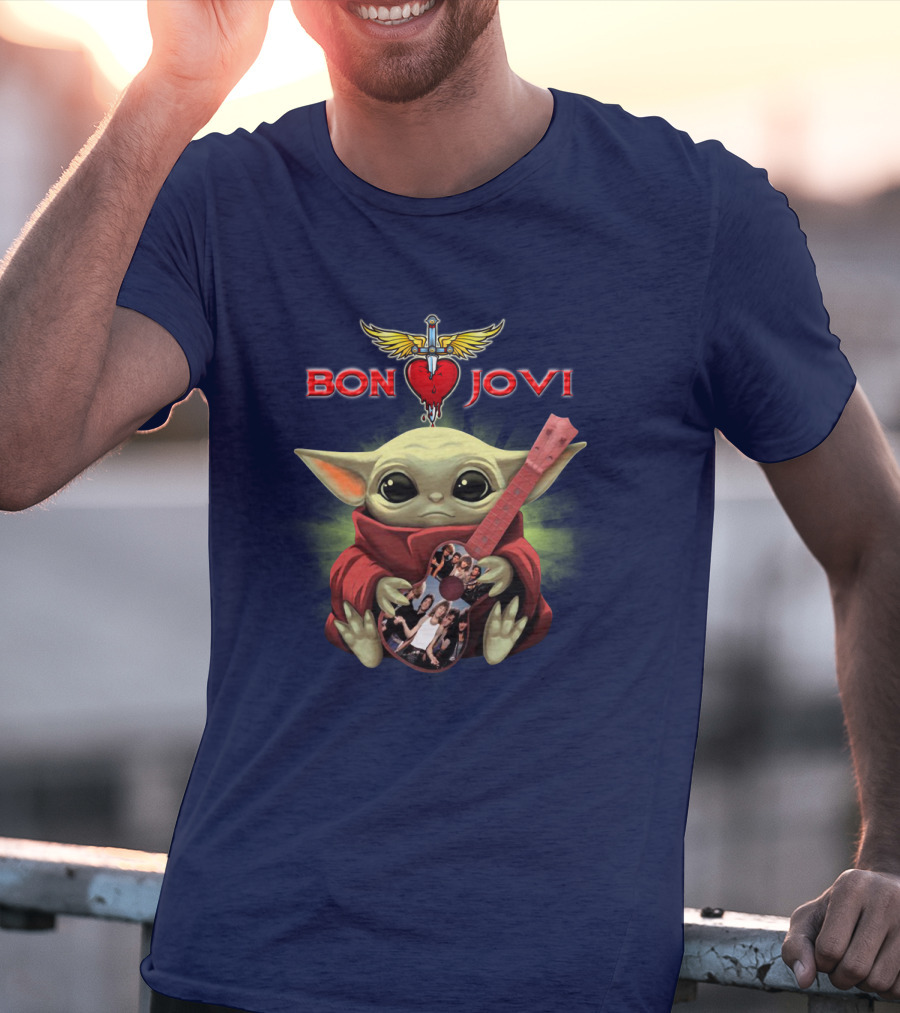 Baby Yoda Holding Guitar With Bon Jovi Heart Dagger T-Shirt