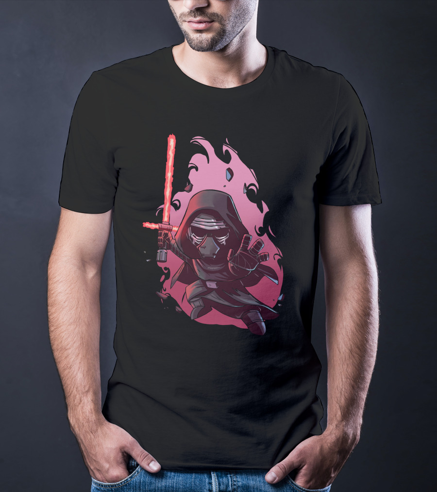Chibi Kylo Ren Star Wars With Red Lightsaber And Fiery Background T-Shirt