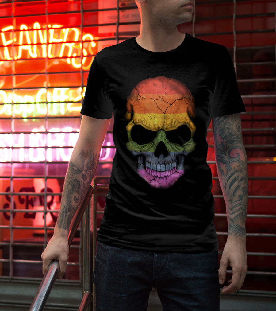 Gay Pride Rainbow Flag Skull Cracked Texture T-Shirt