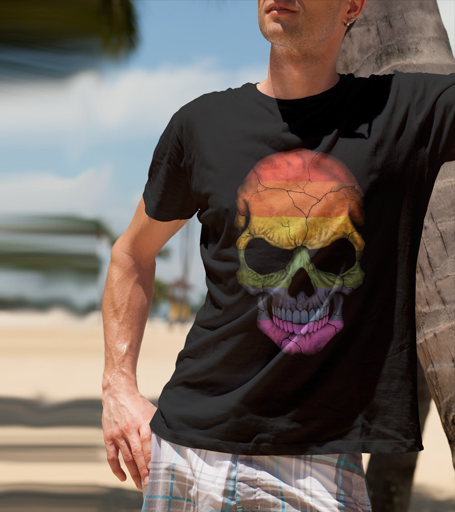 Gay Pride Rainbow Flag Skull Cracked Texture T-Shirt