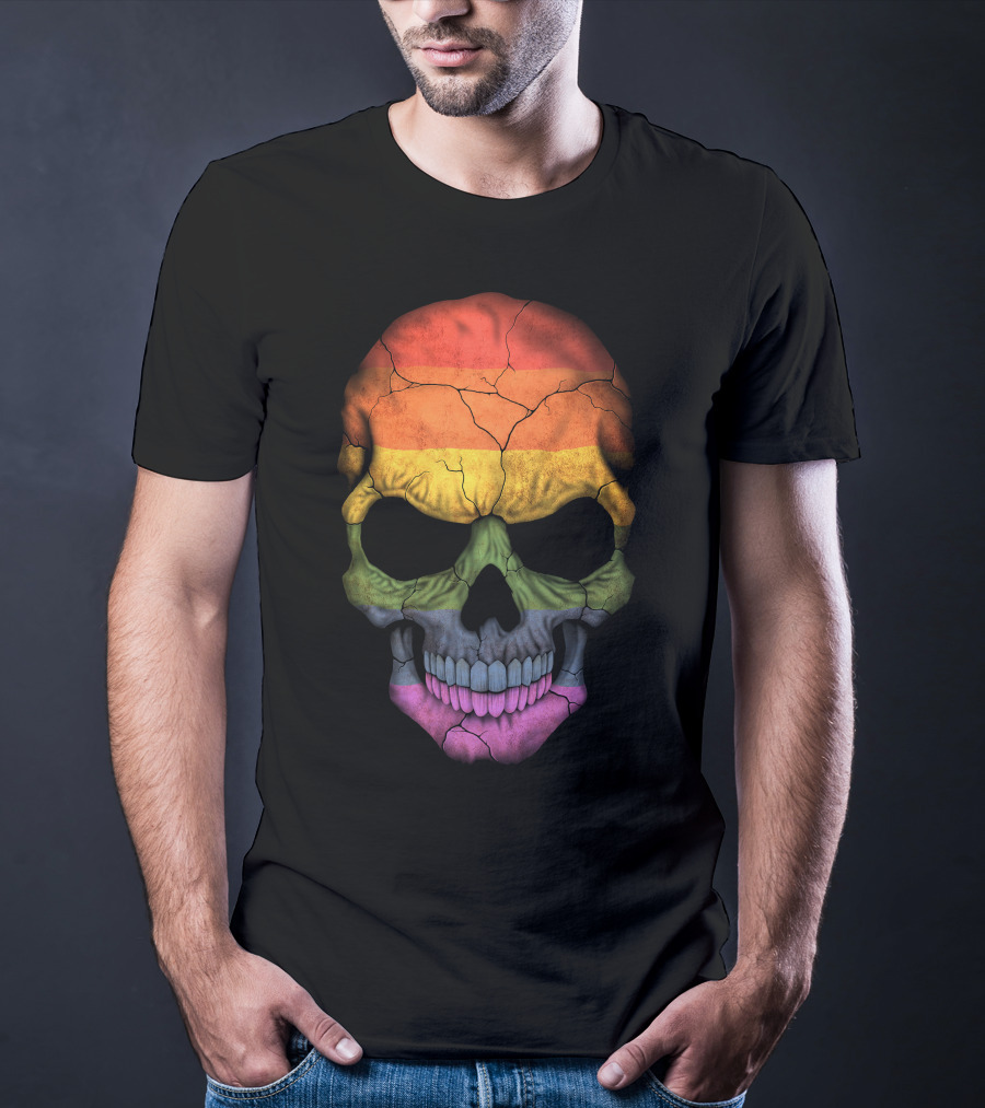 Gay Pride Rainbow Flag Skull Cracked Texture T-Shirt