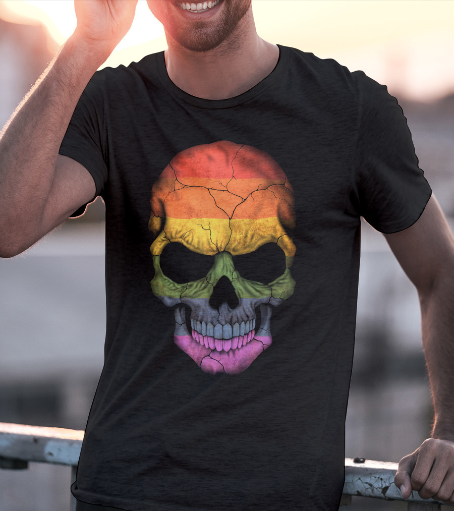 Gay Pride Rainbow Flag Skull Cracked Texture T-Shirt