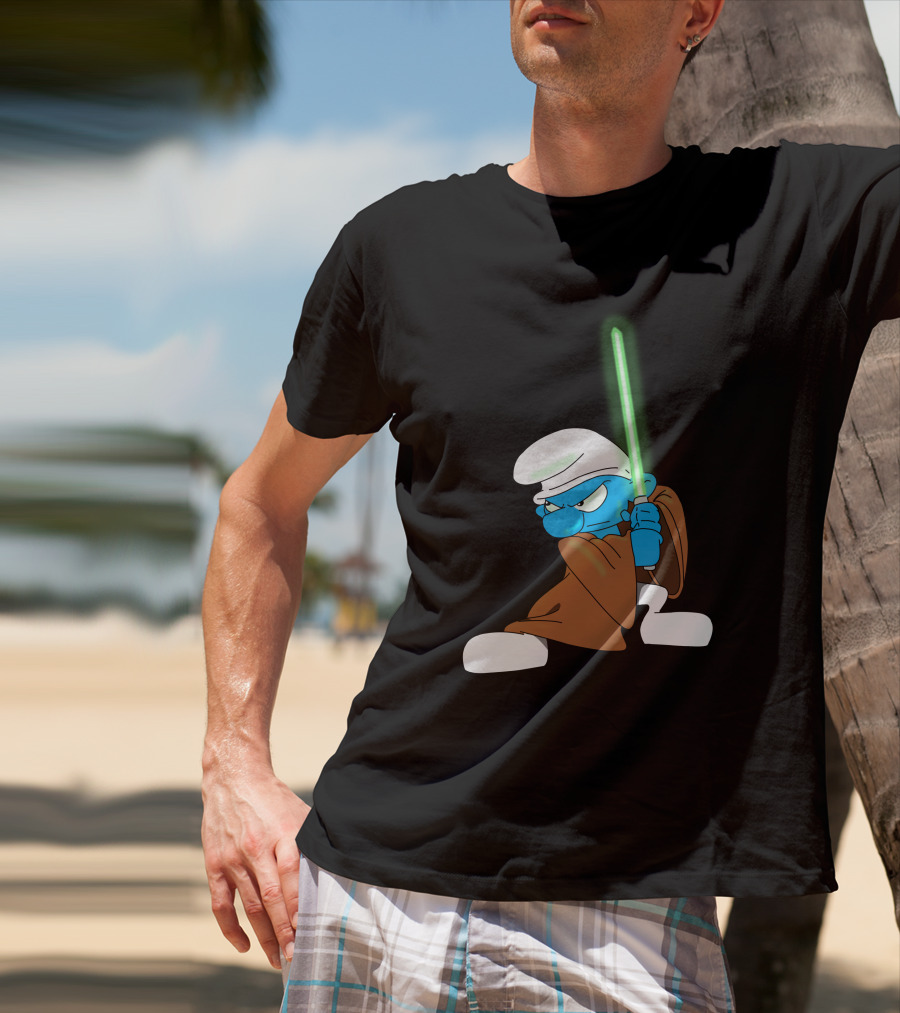 Smurf Jedi With Green Lightsaber In Star Wars-Inspired Crossover T-Shirt