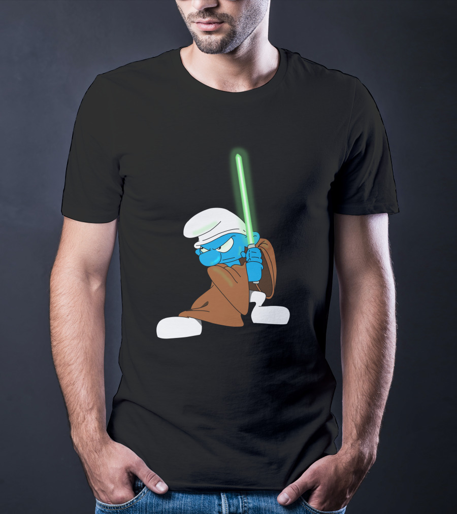 Smurf Jedi With Green Lightsaber In Star Wars-Inspired Crossover T-Shirt