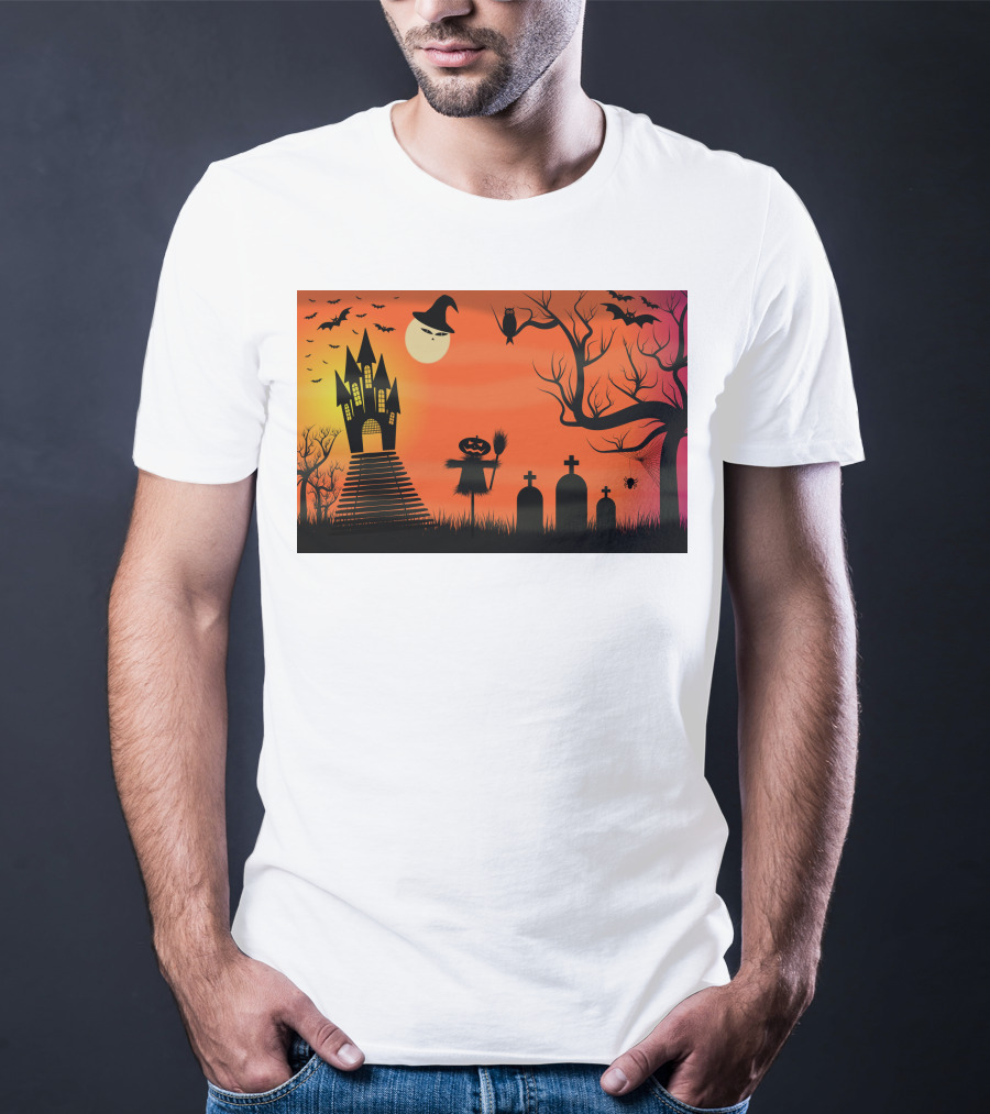 Halloween Haunted Castle Silhouette With Bats And Graveyard Scene T-Shirt