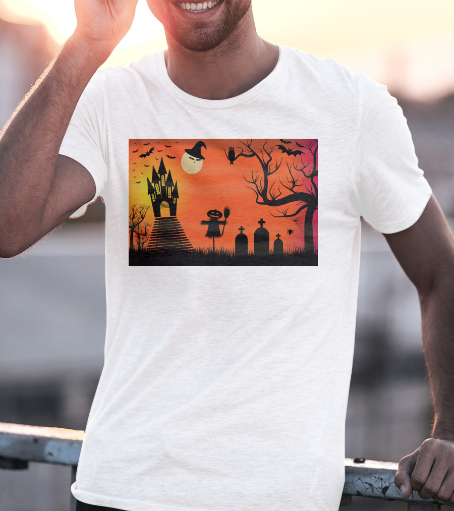 Halloween Haunted Castle Silhouette With Bats And Graveyard Scene T-Shirt