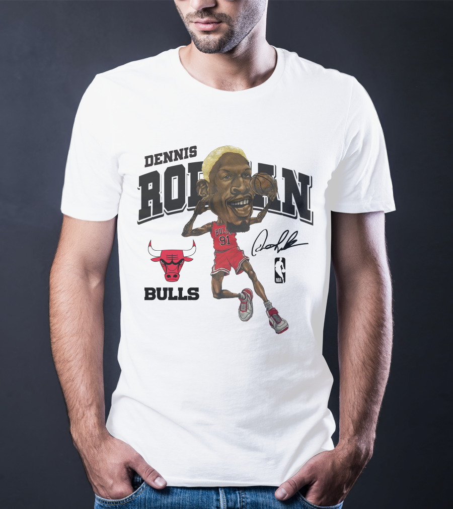 Dennis Rodman 91 Chicago Bulls NBA Caricature Signature Mitchell And Ness T-Shirt