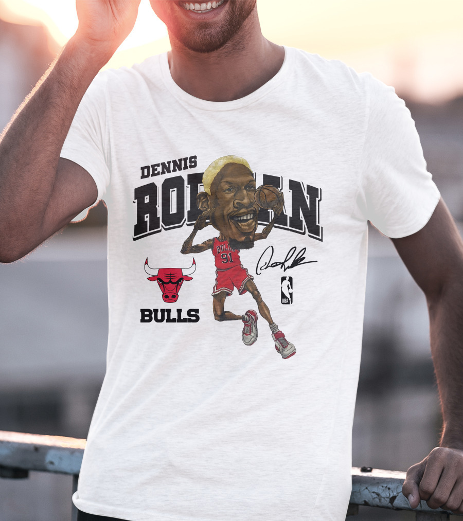Dennis Rodman 91 Chicago Bulls NBA Caricature Signature Mitchell And Ness T-Shirt