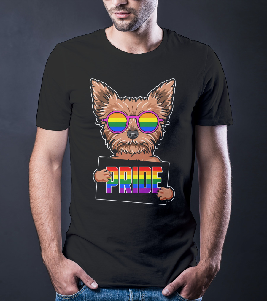 Yorkshire Terrier With Rainbow Glasses Holding Pride Sign T-Shirt