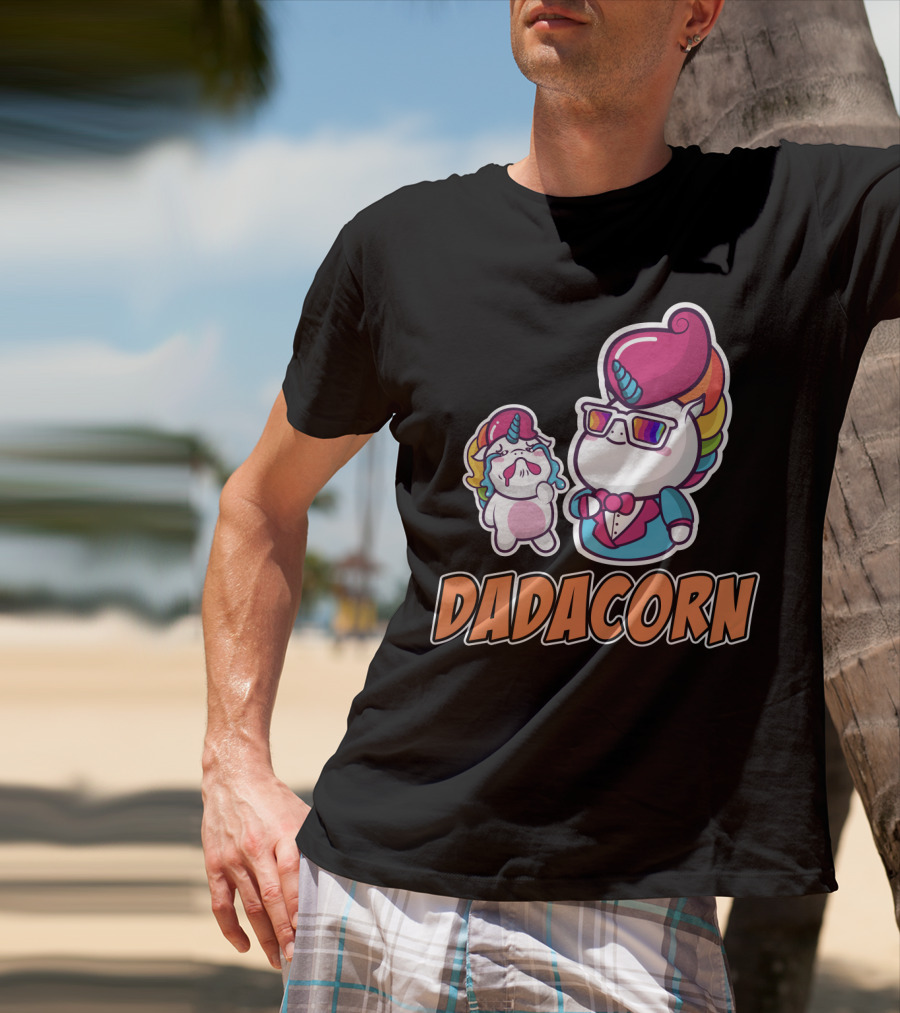 Dadacorn Unicorn Dad And Baby With Rainbow Outfits And Sunglasses T-Shirt
