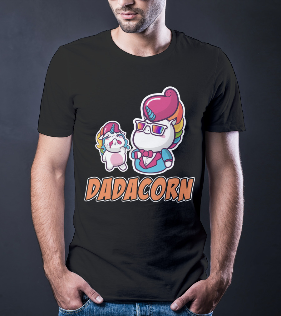 Dadacorn Unicorn Dad And Baby With Rainbow Outfits And Sunglasses T-Shirt