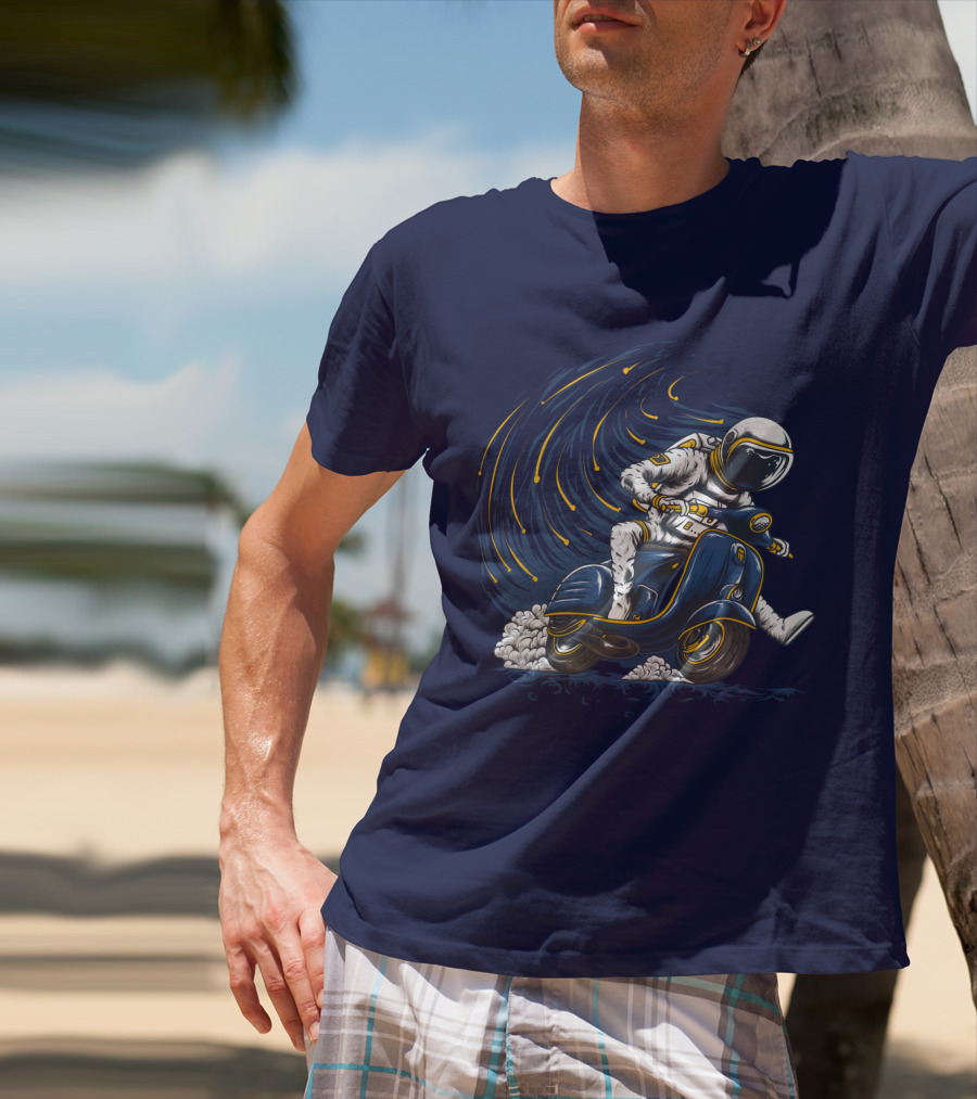 Astronaut In Spacesuit Joyfully Riding Vespa Scooter With Meteor Shower T-Shirt