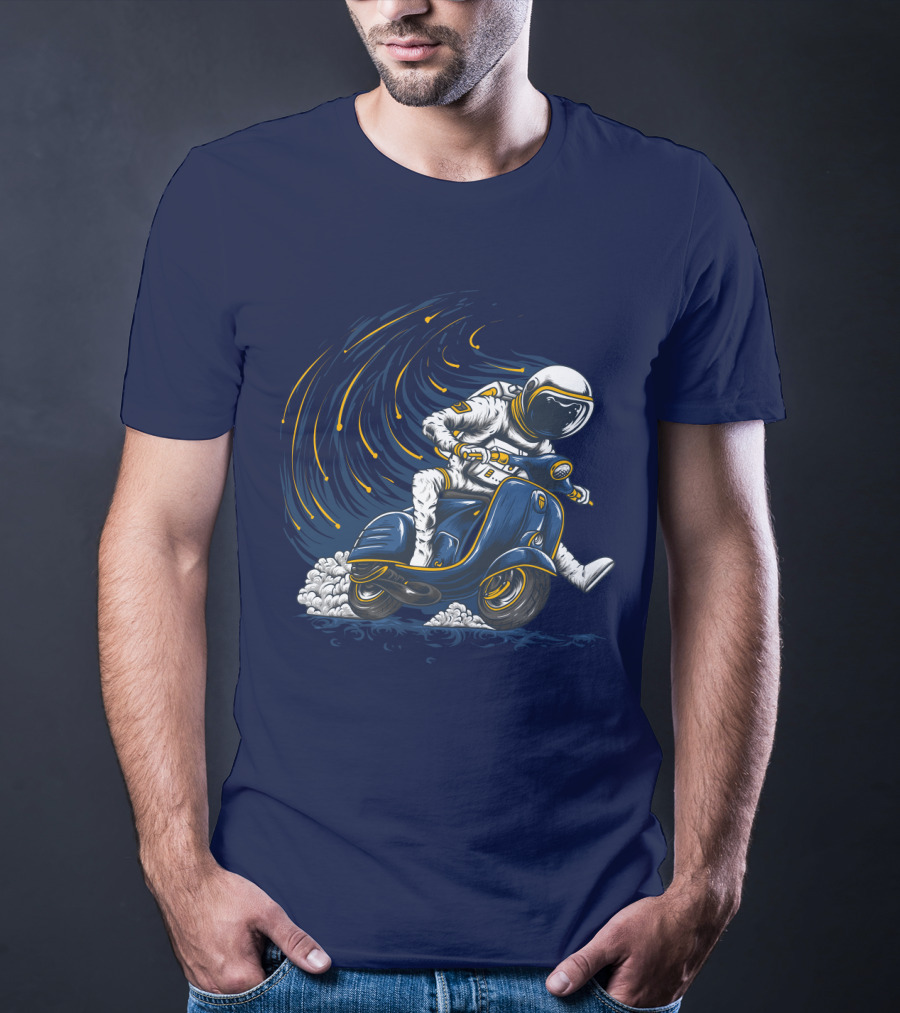 Astronaut In Spacesuit Joyfully Riding Vespa Scooter With Meteor Shower T-Shirt