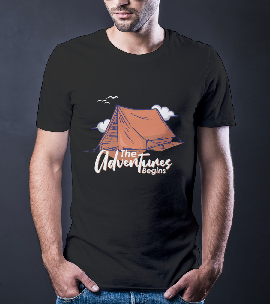 The Adventures Begins Camping Tent Clouds And Birds T-Shirt