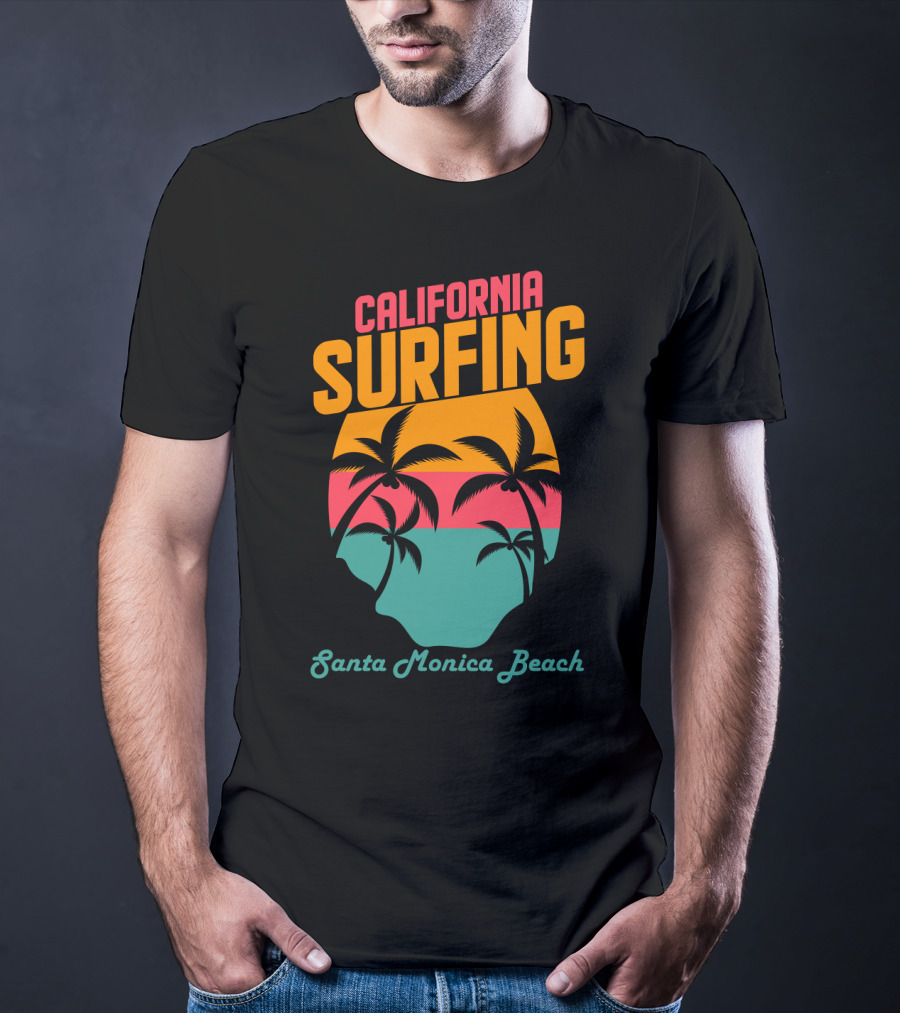 California Surfing Santa Monica Beach Sunset Palm Trees T-Shirt