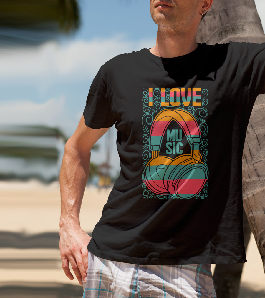 I Love Music Vibrant Headphones Pattern With Swirling Design Elements T-Shirt