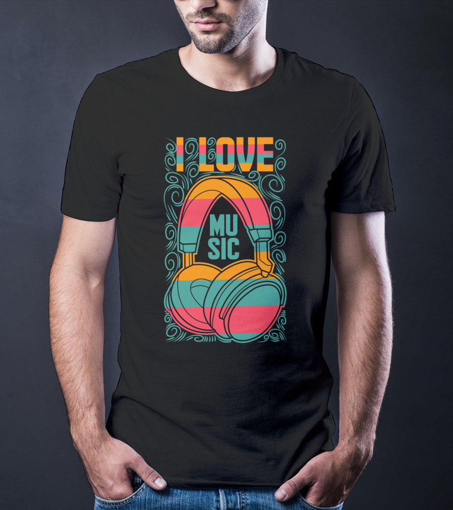 I Love Music Vibrant Headphones Pattern With Swirling Design Elements T-Shirt